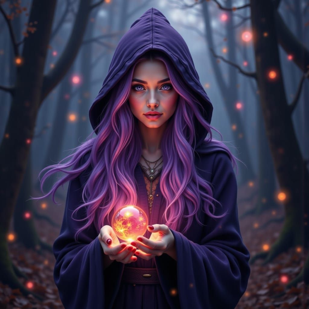 Enchanted Forest Wizard Casting Spell with Glowing Orb