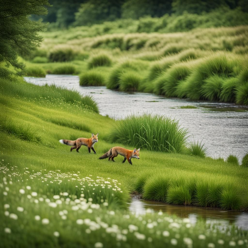 Fox in Lush Meadow, Hyperrealistic Photography
