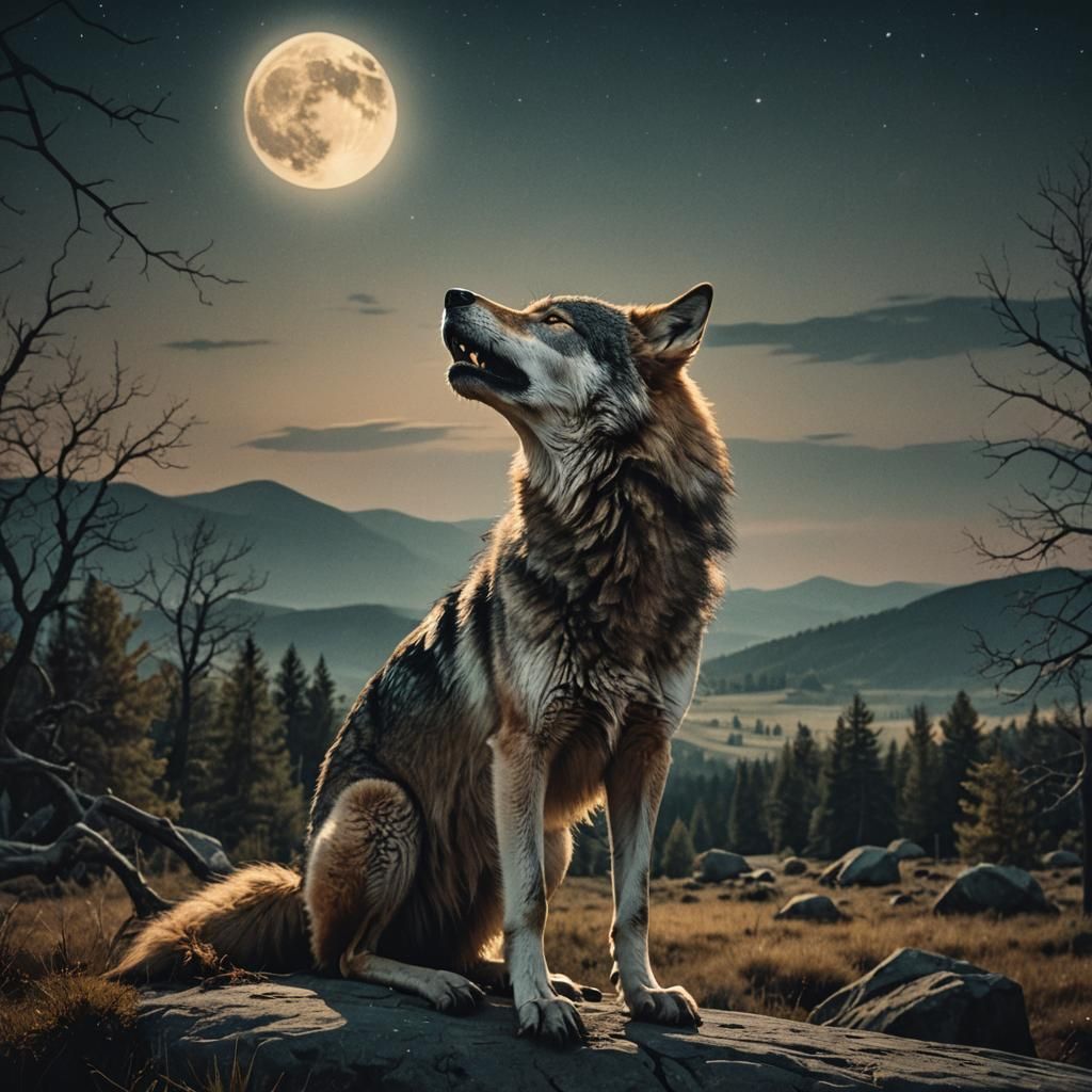 Wolf Howling at Moon: Cinematic Film Still