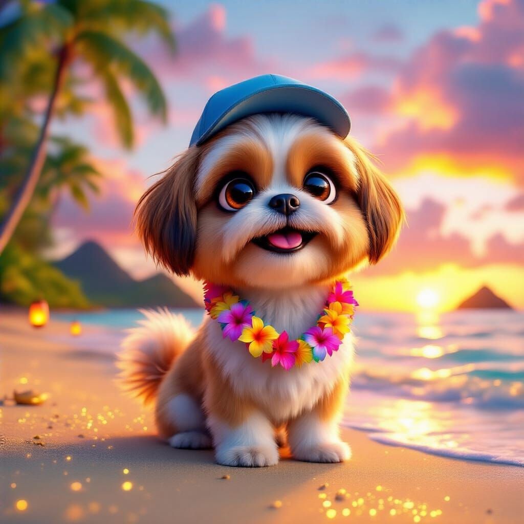 Pixar-Style Shih Tzu Enjoys Tropical Sunset