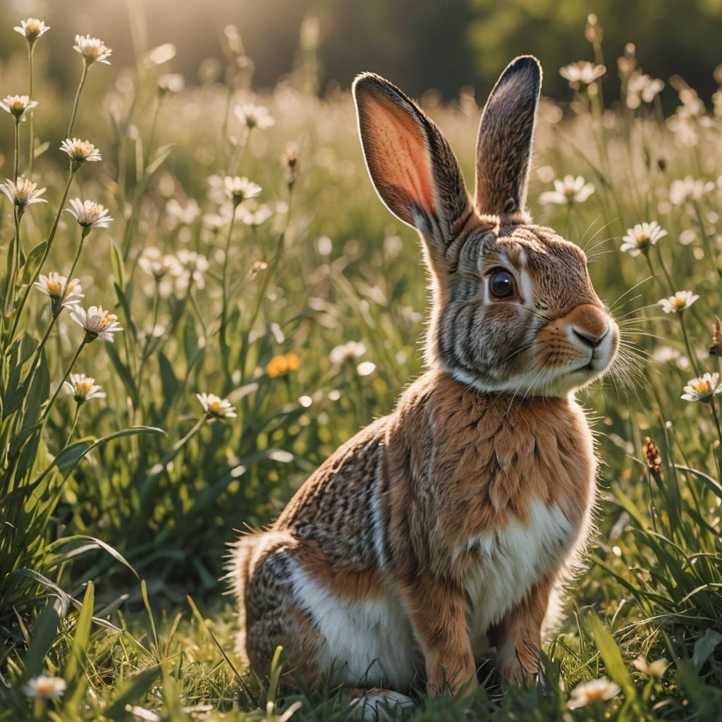 Rabbit Portrait in Sunny Meadow with Bokeh