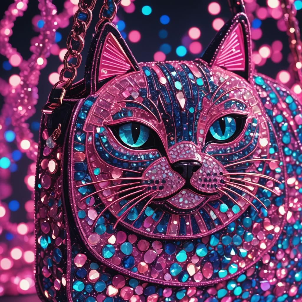 Neon Synthwave Cat Bag with Sequins and Rhinestones