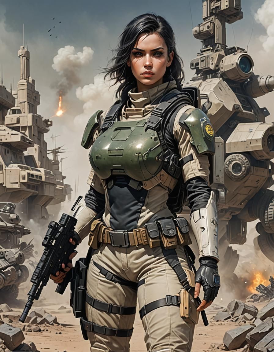 Science fiction soldier girl with big bazookas