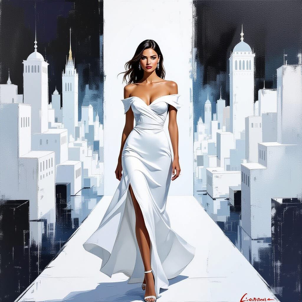 Elegant Woman in White City: Pop Art Style