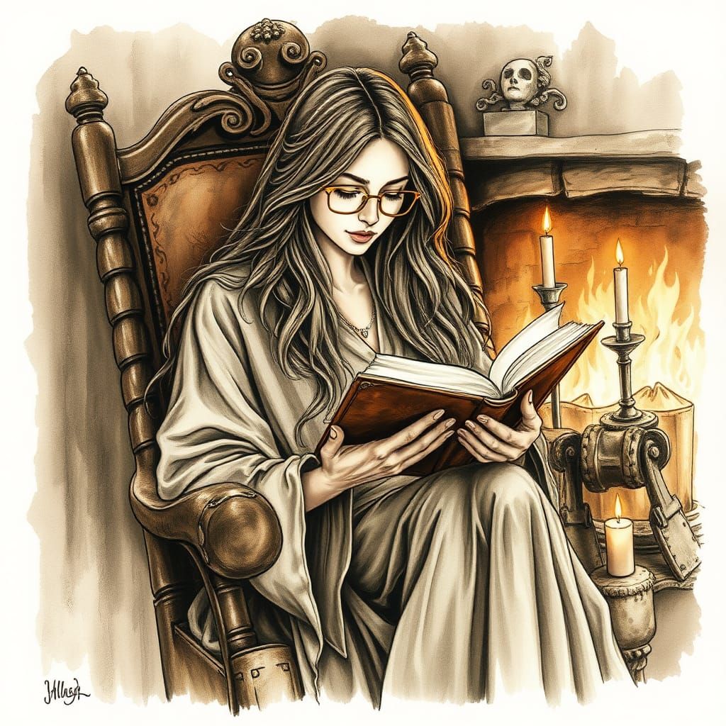 Mystical Woman Reading by Firelight: Sepia Watercolor