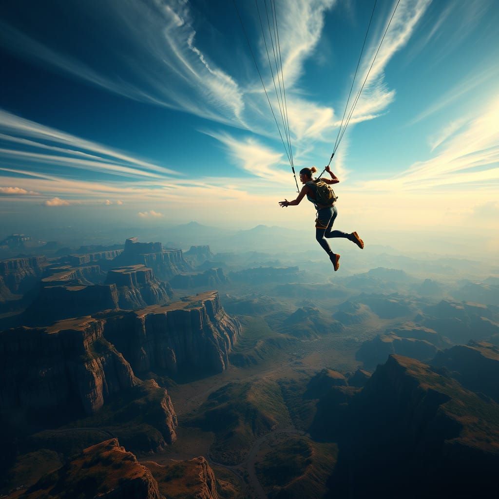 Dramatic Woman in Freefall Amid Fantastical Landscape