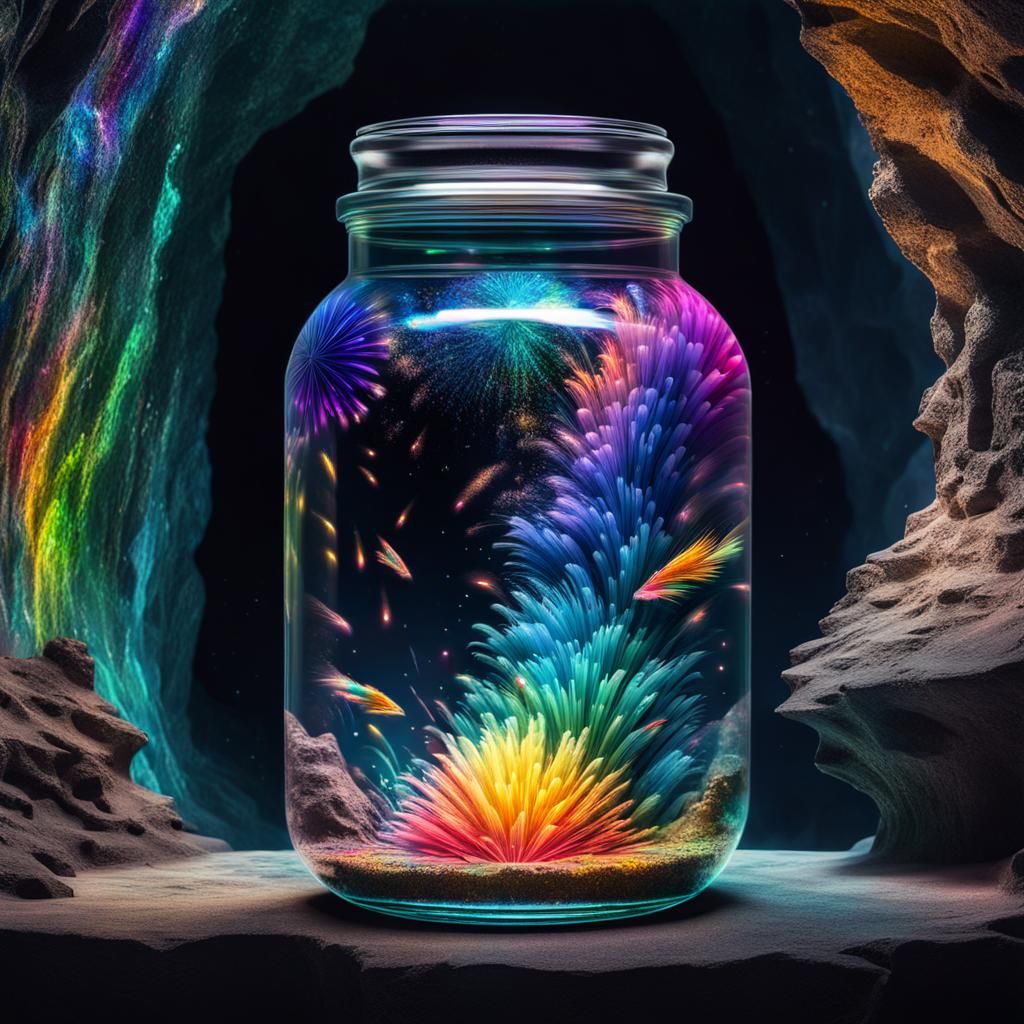 Rainbow Fireworks in Underwater Cave: Cyberpunk Dreamscape