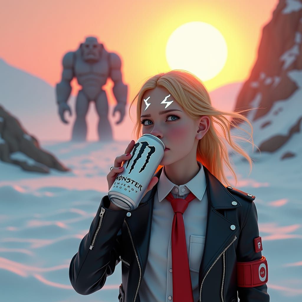 Girl with Lightning Eyes Drinks Energy Drink