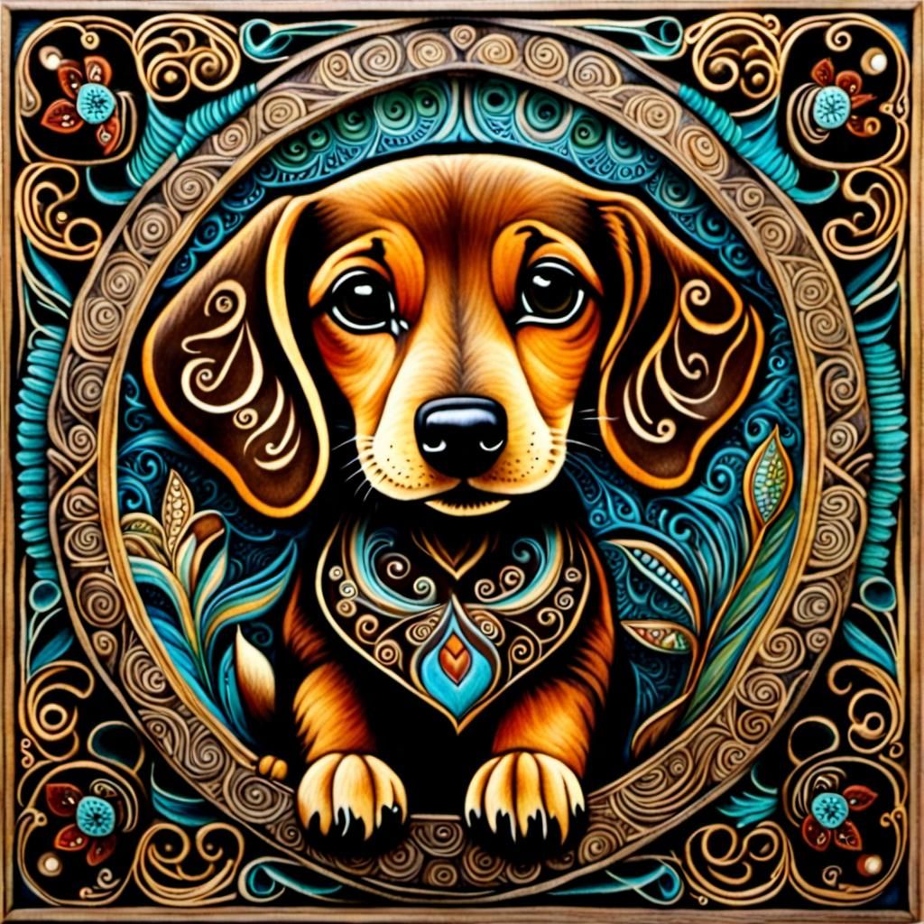 Whimsical Dachshund Puppy in Pyrography Art Brut Style