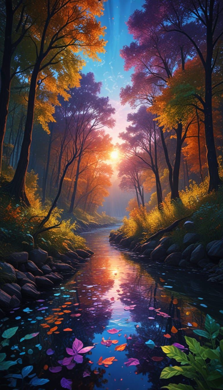 Surreal Country Landscape in Vibrant Hues and Cosmic Light