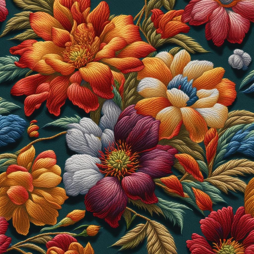 Hyperrealistic Embroidered Flowers in Splash Art Style