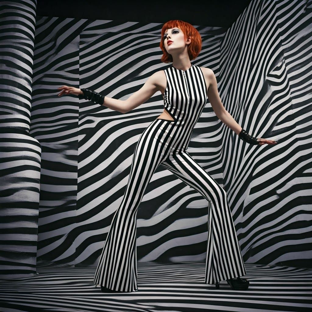 Daring Mod Fashion Model Struts in Striped Wonderland