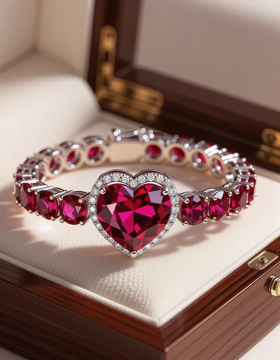 Exquisite Ruby and Diamond Heart Bracelet