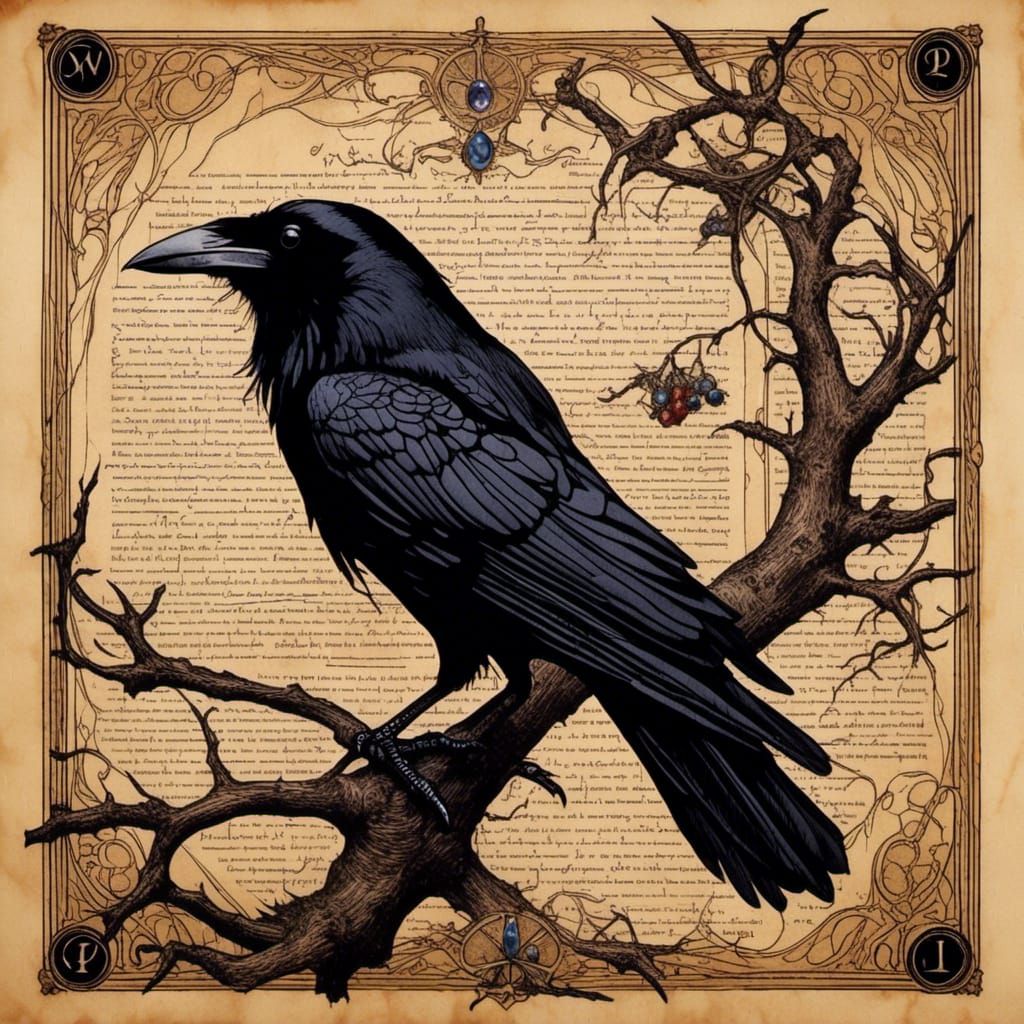 Gothic Raven Perched on Nevermore Branch