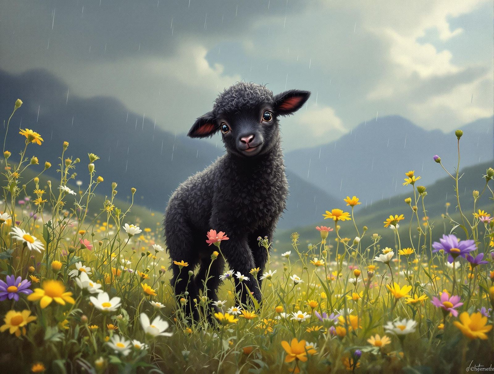 Black Lamb in Rainy Meadow, Art Nouveau Style