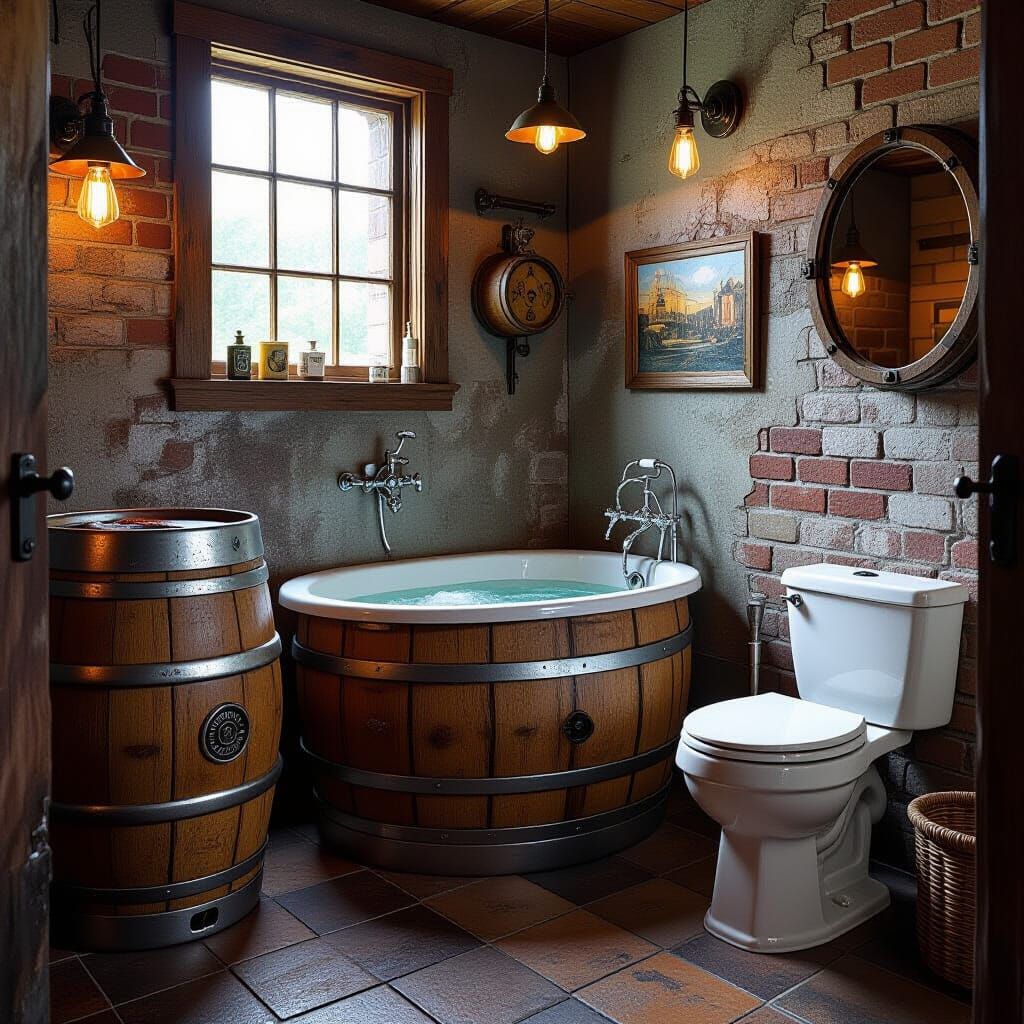 Rustic Industrial Bathroom with Repurposed Beer Kegs