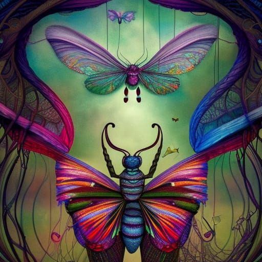 Psychedelic Yarn Moth in Storybook Illustration Style