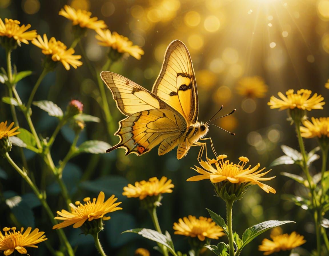 Yellow Butterfly Sips Honey From Flower