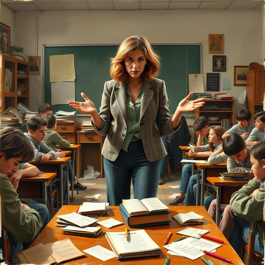 Teacher Amidst Classroom Chaos in Retro-Inspired Style