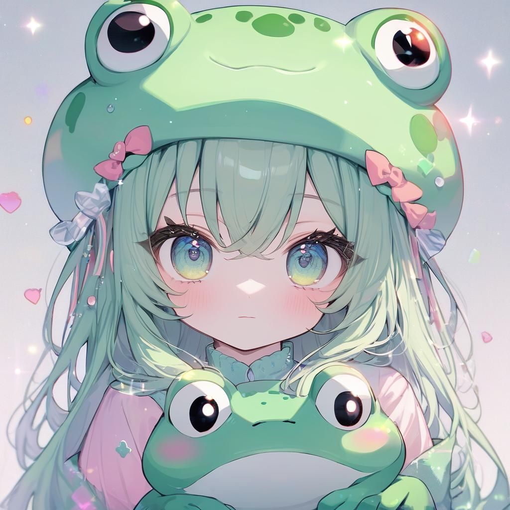 Anime Girl with Kawaii Frog Hat