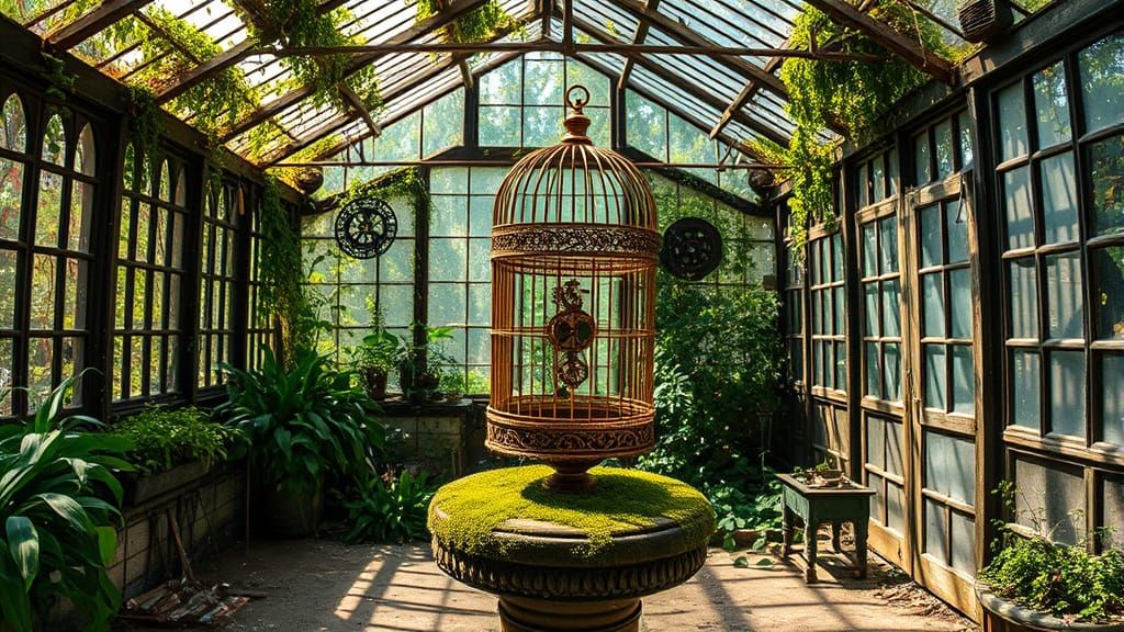 Ornate Brass Birdcage in Overgrown Greenhouse