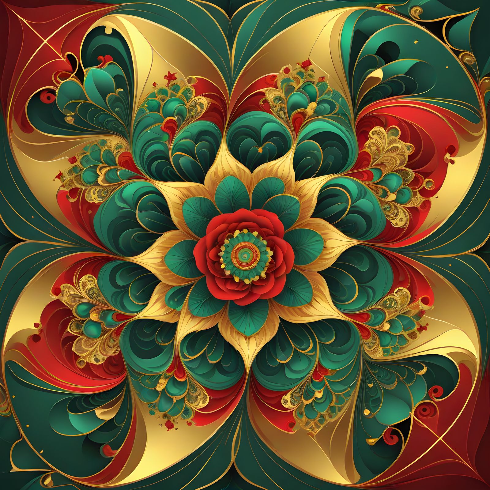 Sacred Geometry Kaleidoscope in Golden Red and Green