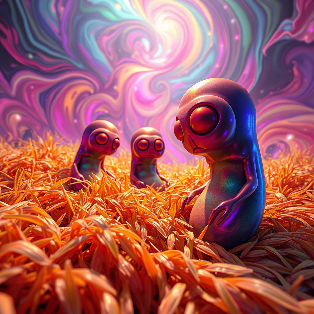 Psychedelic Human Beans in Anime Style Rice Landscape