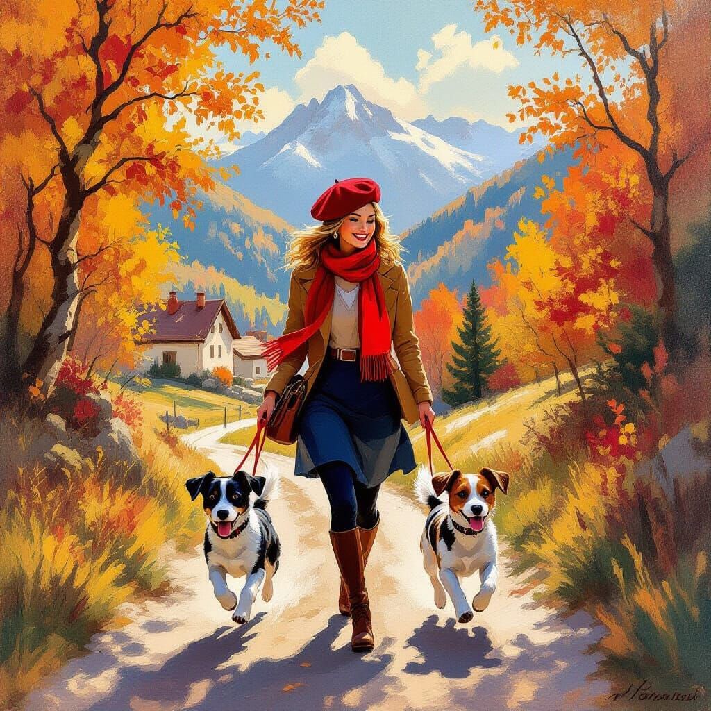 Chic Woman Walks Terriers in Autumn French Alps