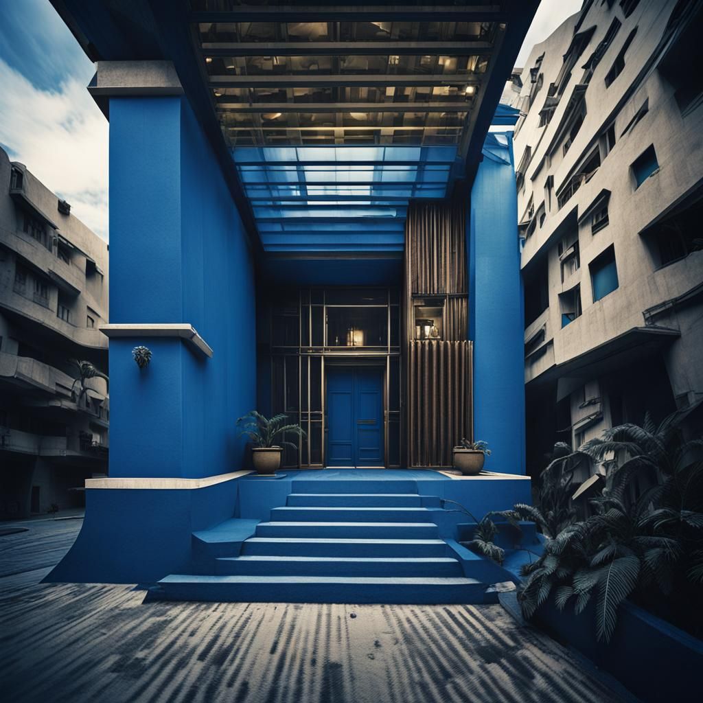 Blue Art Deco Architecture in Cinematic Style