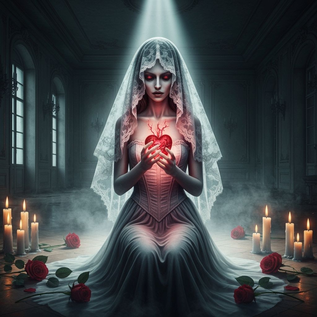 Ghost Bride with Glowing Heart in Abandoned Ballroom