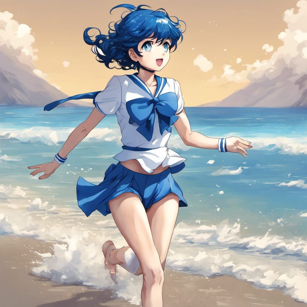 Sailor Mercury Runs on the Beach: Anime Style