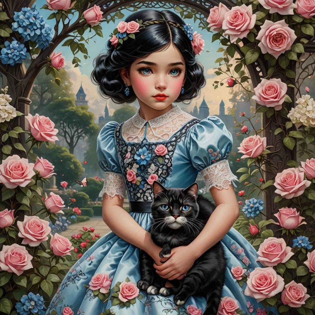 Girl with Cat in a Rose Garden: Fantasy Illustration