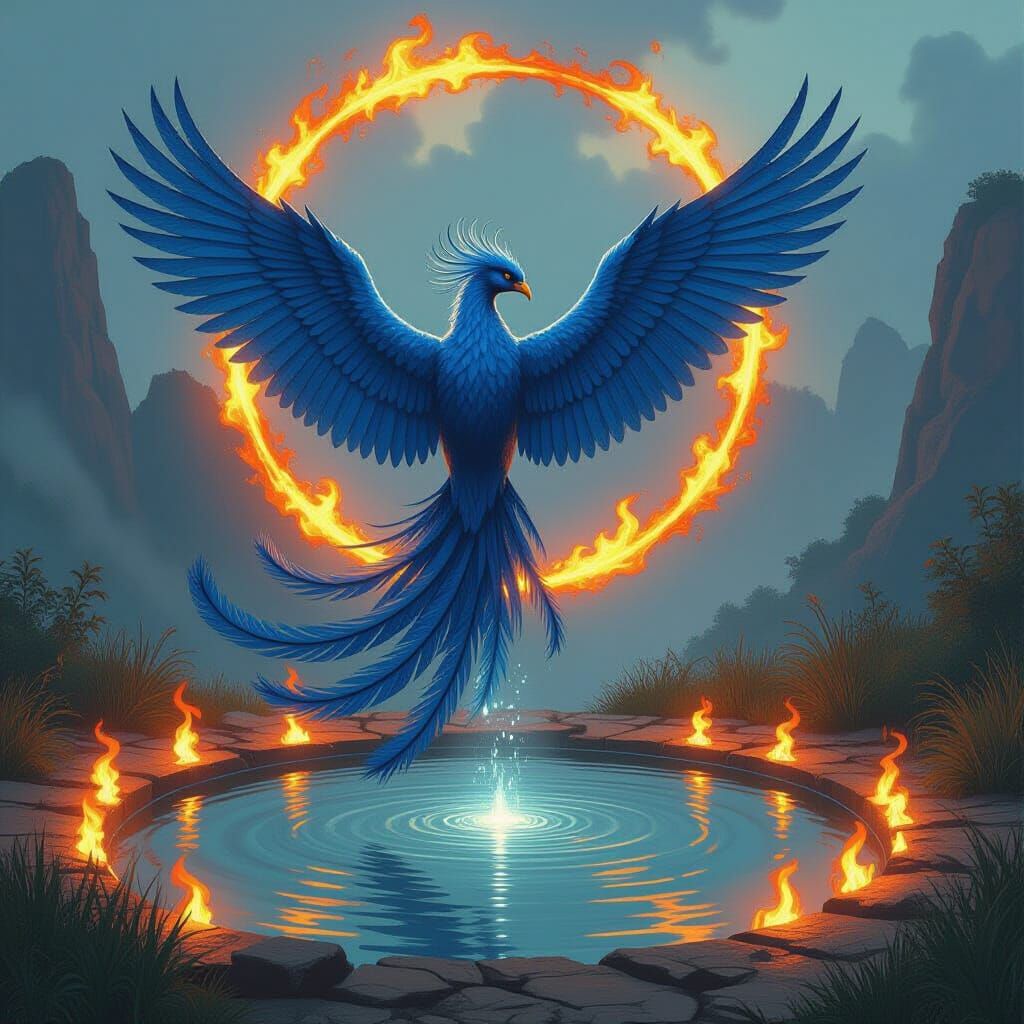Majestic Blue Phoenix Soaring Above Water Hole