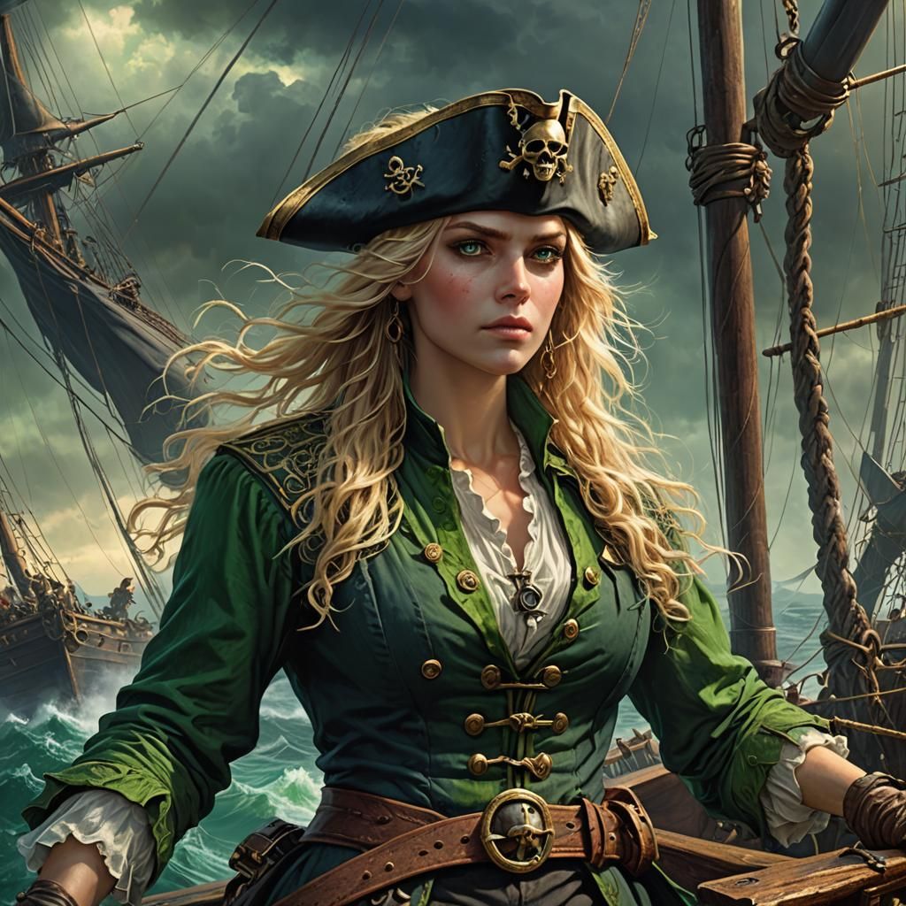 Green-Eyed Pirate Sailing Seas in Horror Style