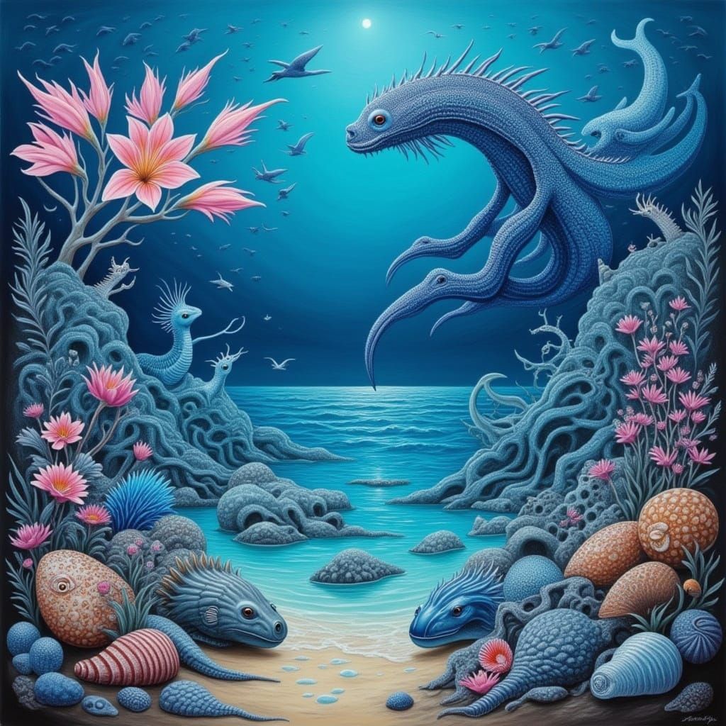 <lora:THALASSA SEA:1.0> <lora:SQUIGGLE SEA:1.0> <lora:BLACK BEACH:1.0> <lora:Archetypal Images:1.0> A surreal painting i...