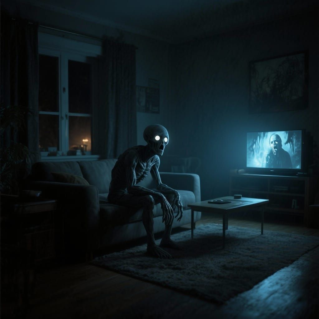 Inhuman Entity on Couch in Dimly Lit Living Room