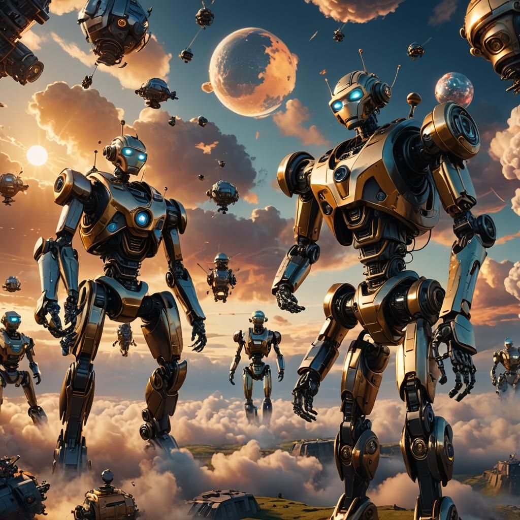 Robots Floating in Sky: Vibrant Digital Art