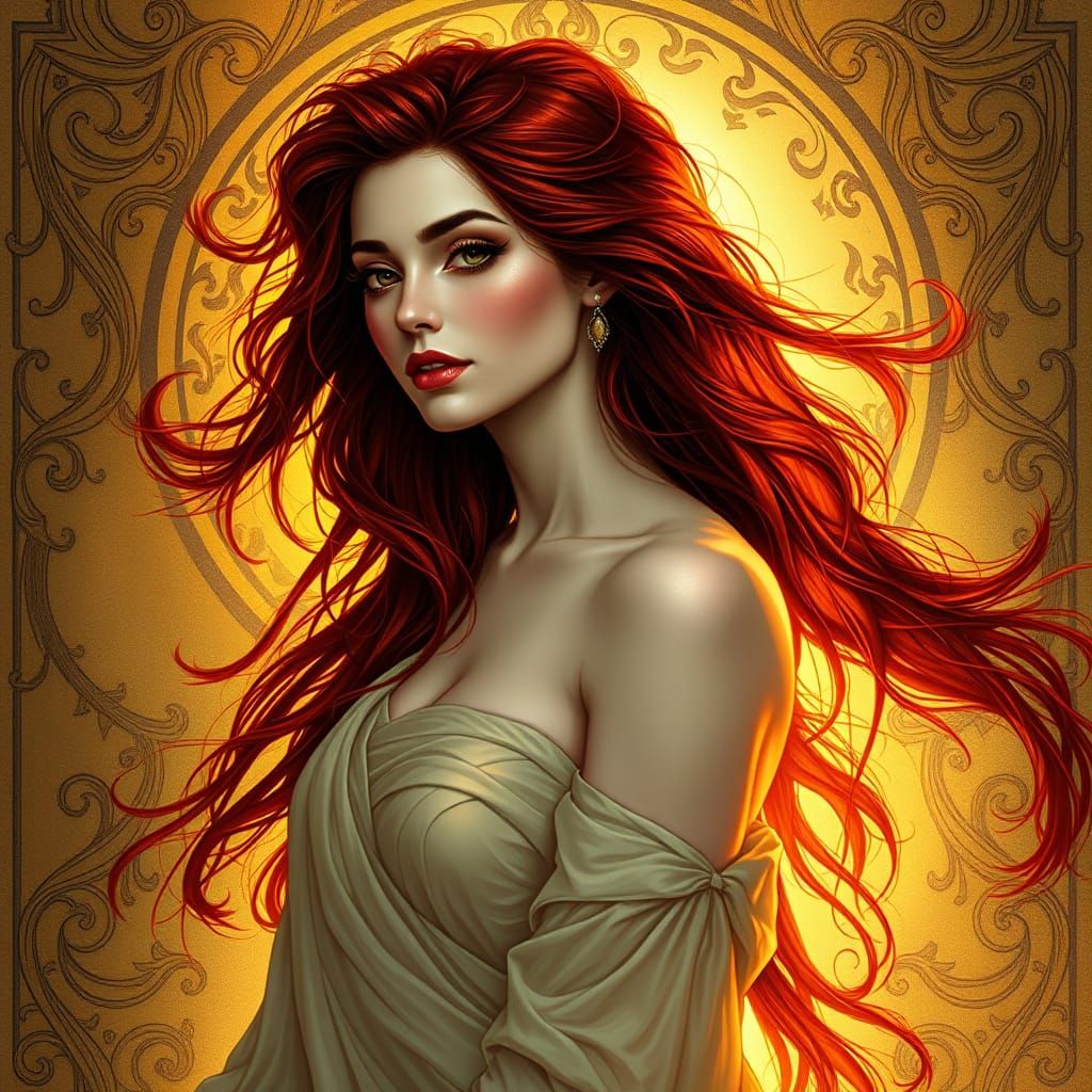 Elegant Woman with Flowing Red Hair, Art Nouveau Style