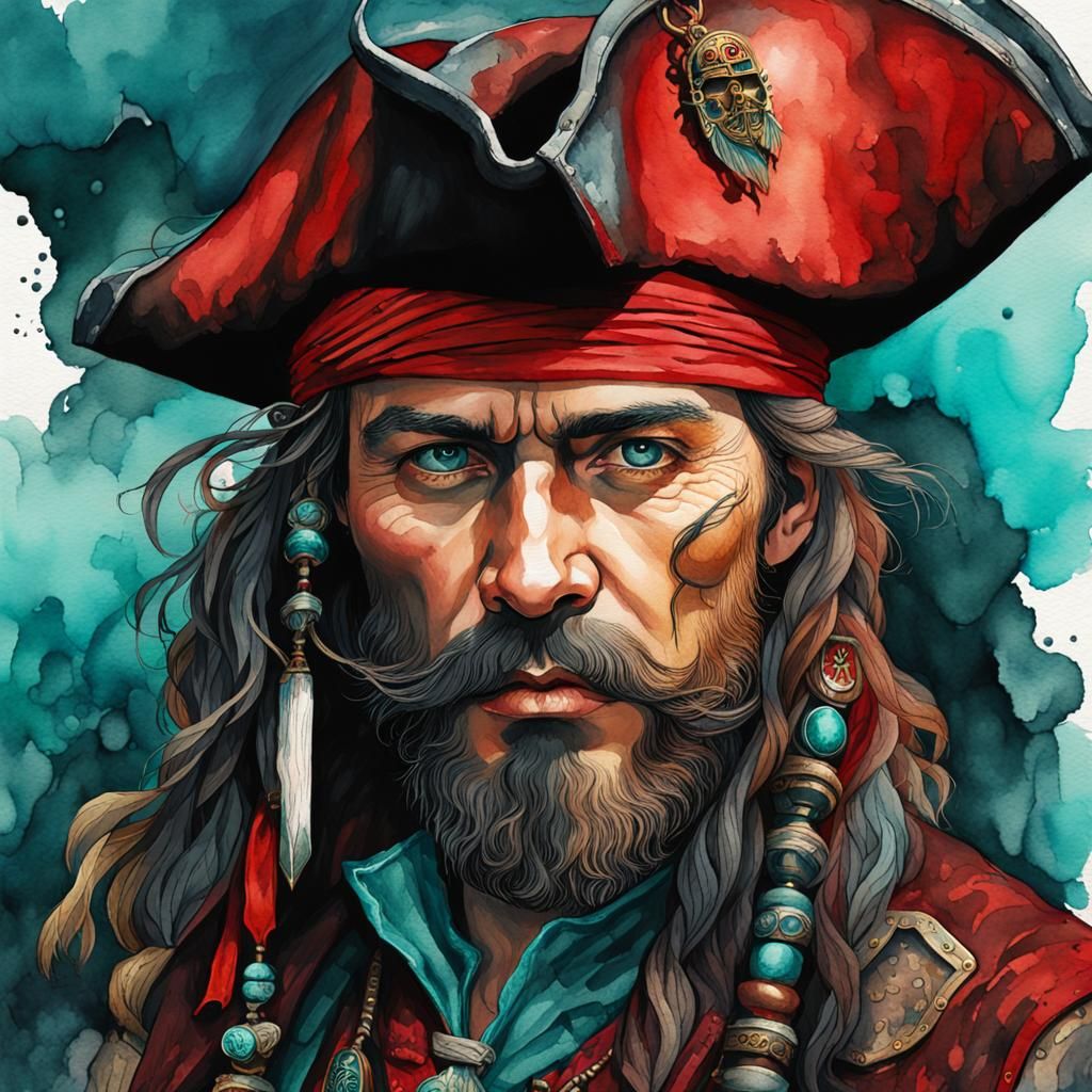 Fierce Wilderness Pirate Portrait in Watercolour Style