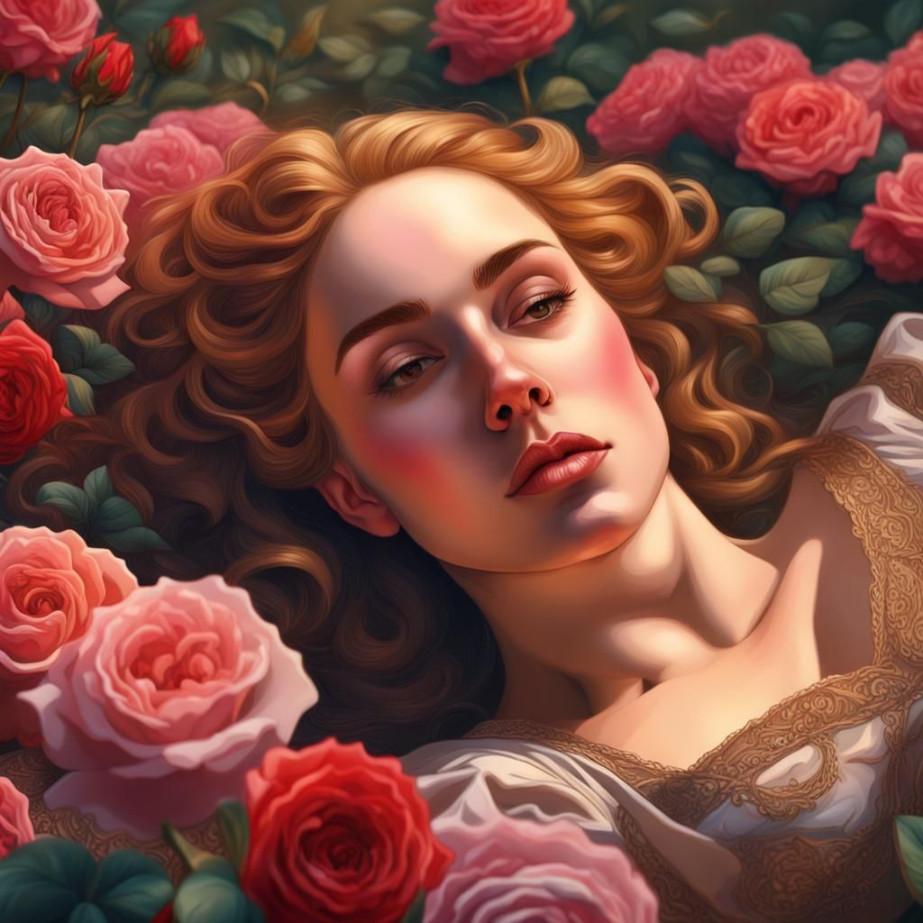 Renaissance Woman in Rose Garden: Hyperrealistic Splash Art