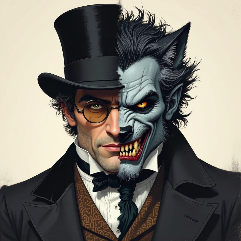 Dr. Jekyll and Mr. Hyde Transformation in Dark Fantasy Style