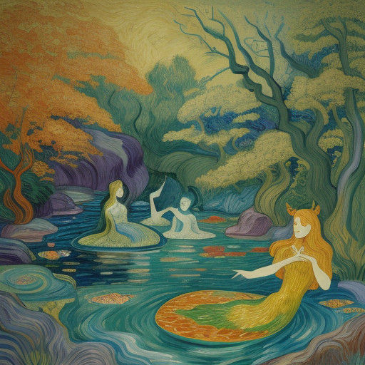 Vibrant Whimsy: Mermaids and Nymphs in a Sunny River Scene