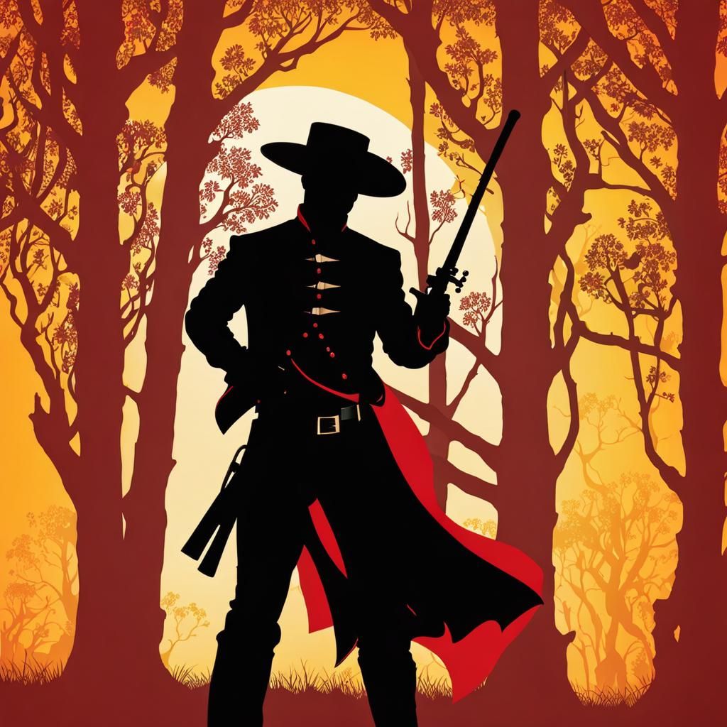 Zorro Mariachi Silhouette with Red and Yellow Backdrop