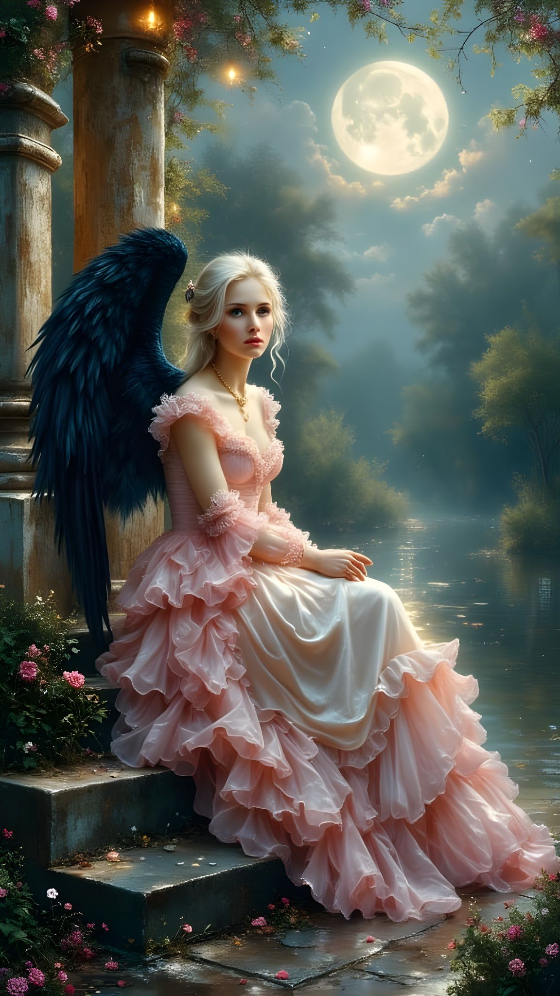 Ethereal Woman in Victorian Dress with Wings, in a Dreamy Mo...