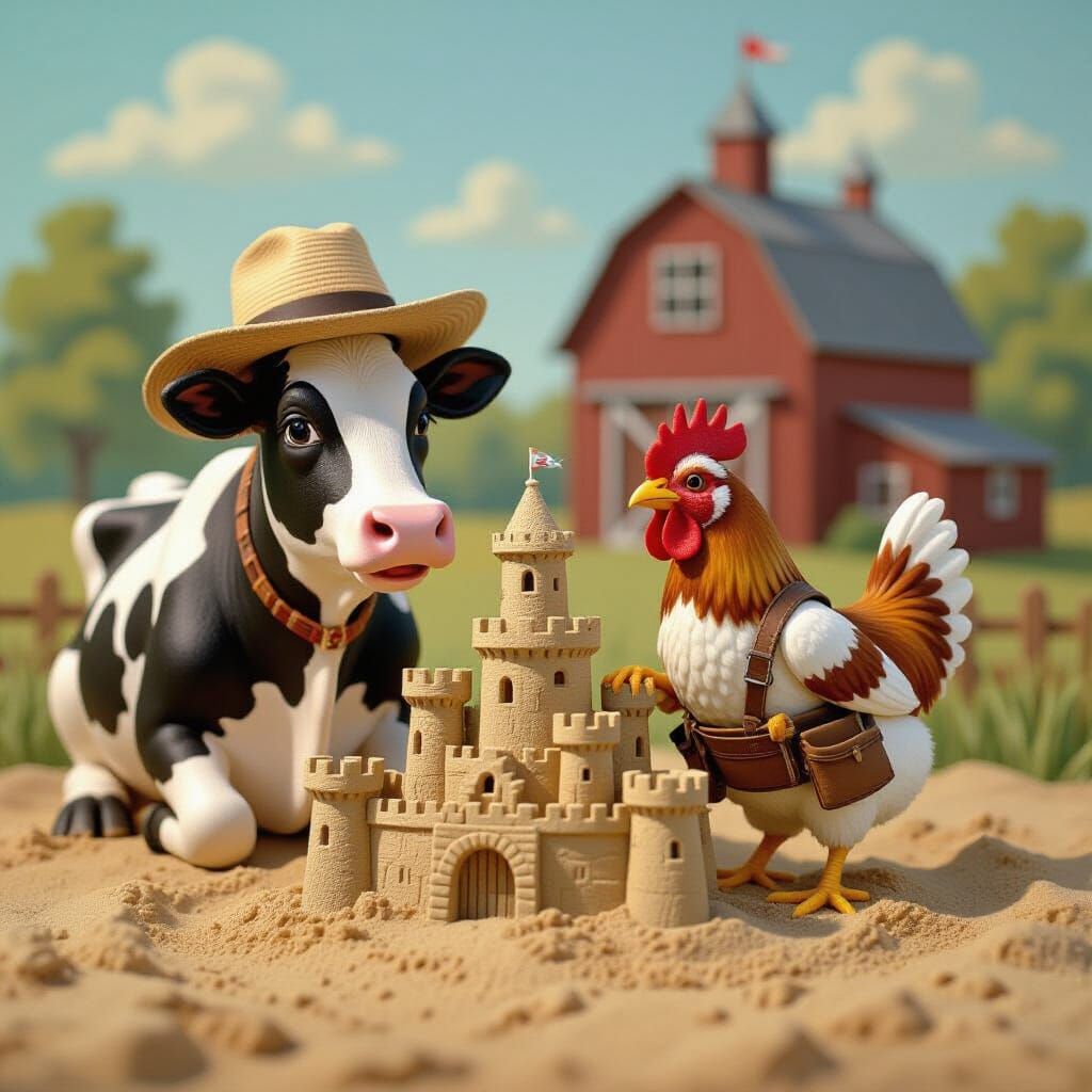 Cow and Chicken Build Sand Castle in Folk Art Style