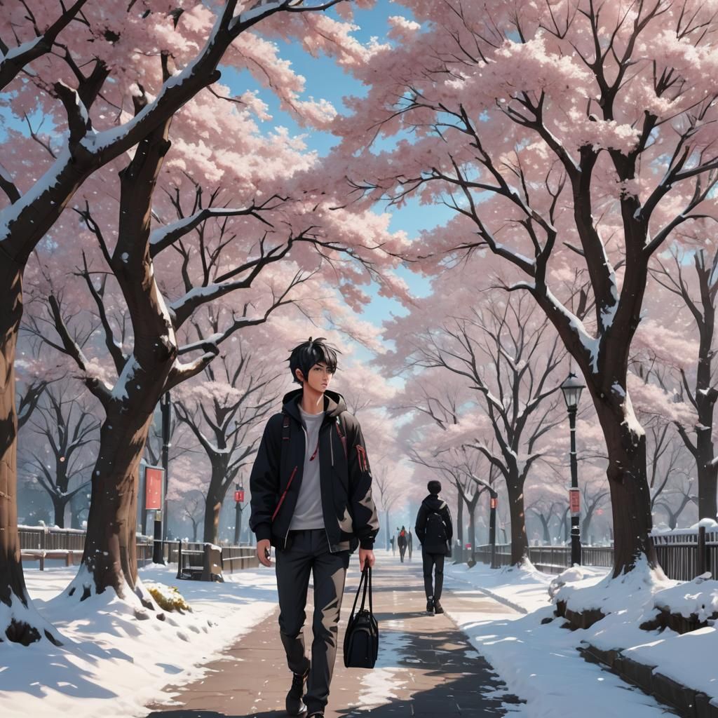 Anime Man Walks Past Blooming Sakura Trees in Snow