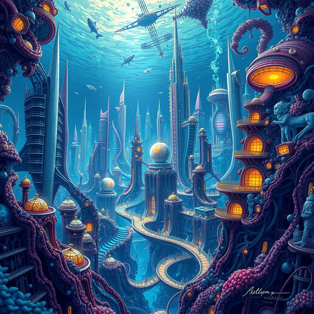 Surreal Underwater Metropolis with Glowing Architecture