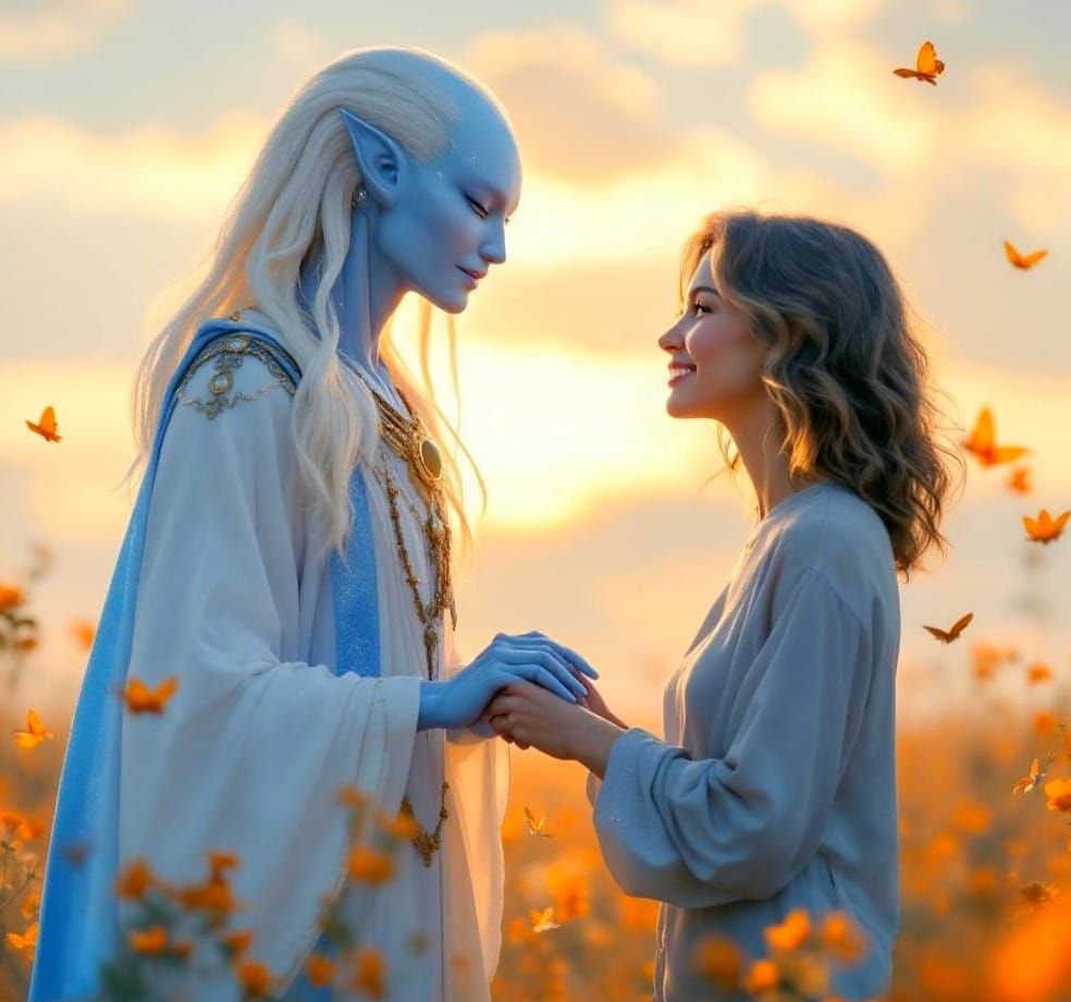 Human and Alien Meet in Dawn Meadow