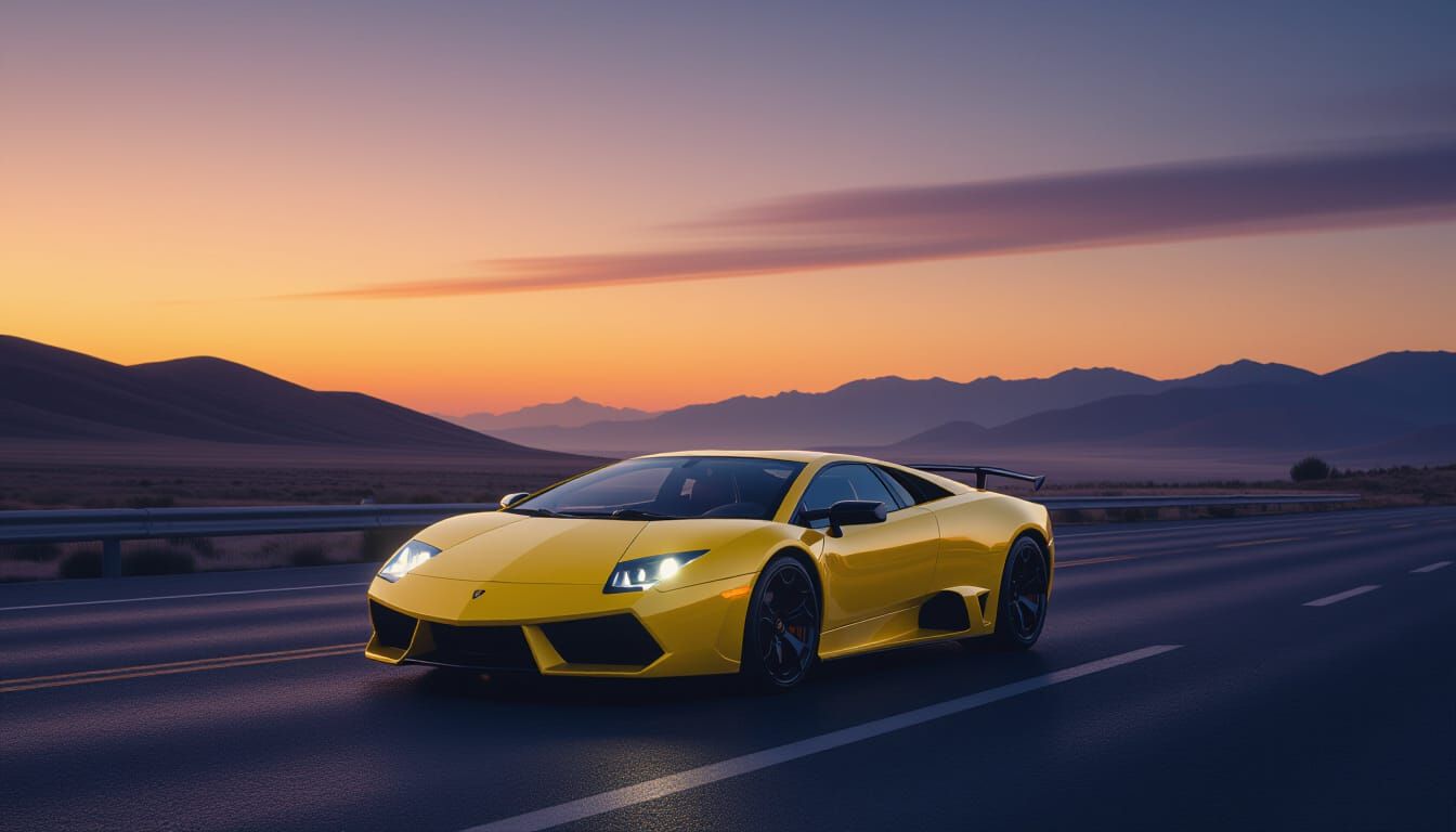 Yellow Lamborghini Parked on Deserted Highway at Dusk