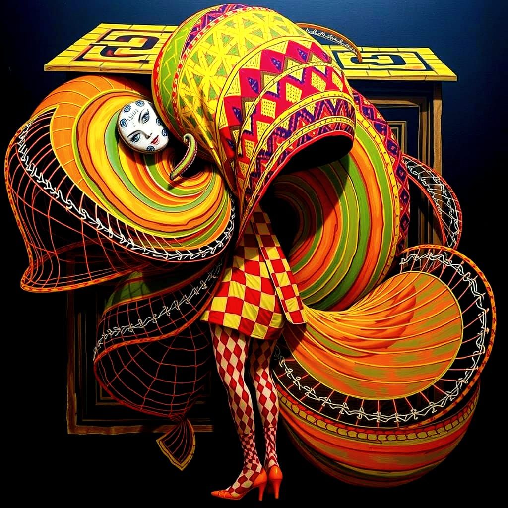 Hypnotic Harlequin Figure in Optical Illusion Maze